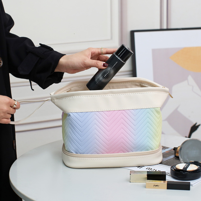 designer 2025 Trendy Gradient PU Makeup Bag Skincare Storage Bag Travel Large Capacity Double Layer Toiletry Bag Fashion