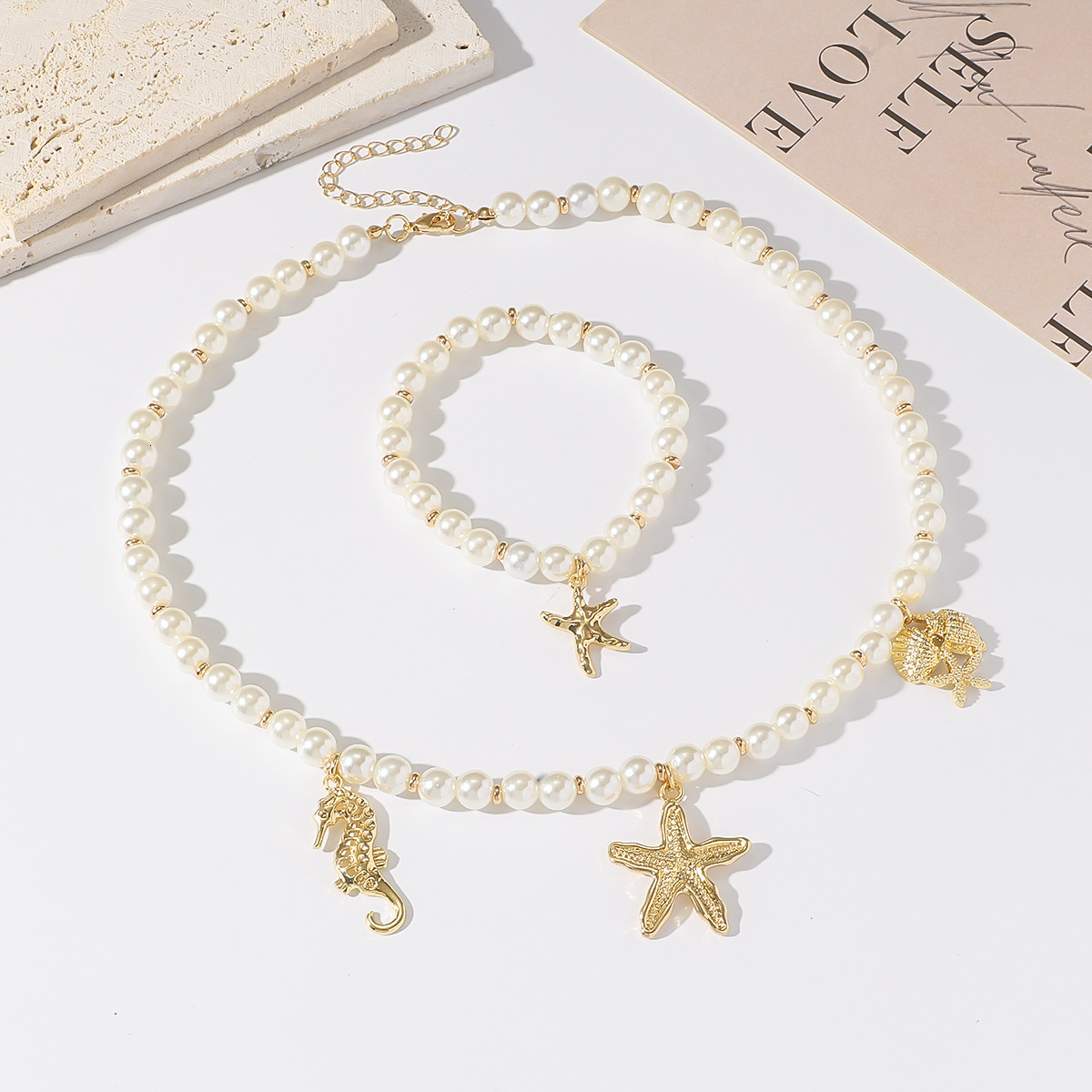 Pearl Fashion Set Starfish Seahorse Shell Necklace Neck Clavicle Chain
