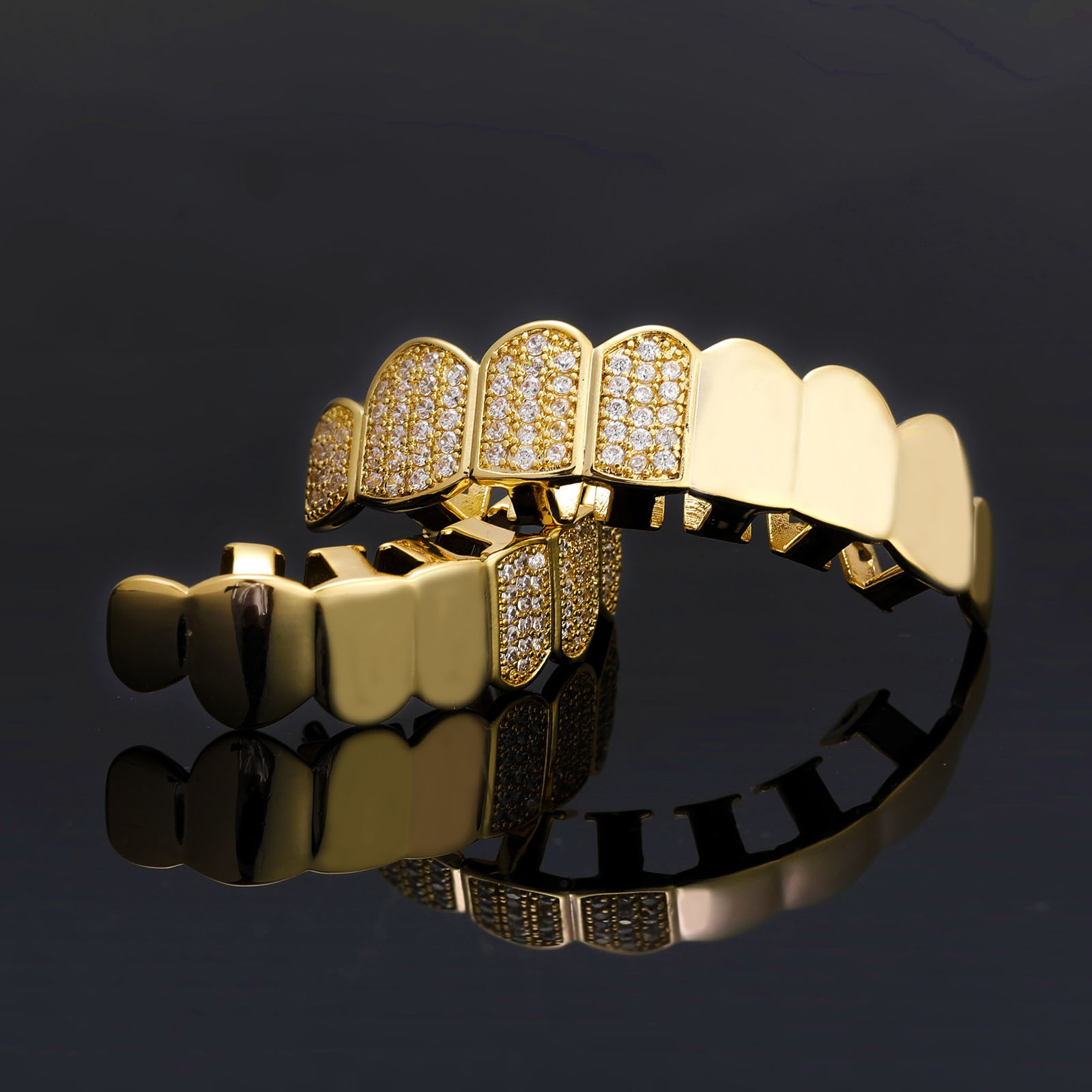 Hip hop braces with eight teeth micro inlaid Moissanite mirror braces personalized Halloween gold teeth outfit moissanite