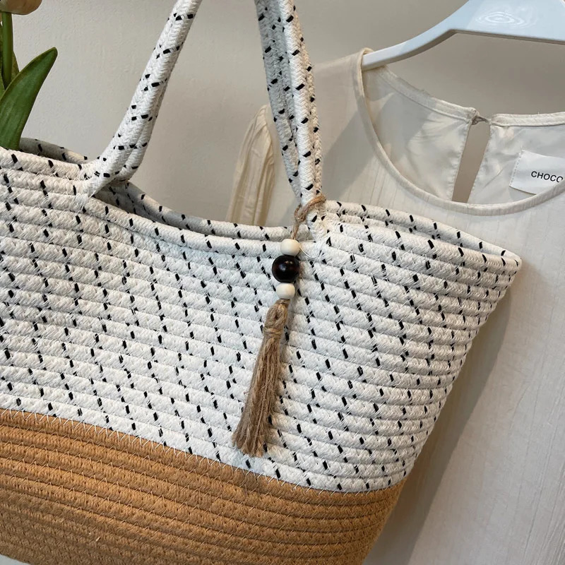 Quality Summer Beach Tote Bags For Women Cotton Rope Woven Contrast Color Large Capacity Shopper Shoulder Totes With Tassels 250530