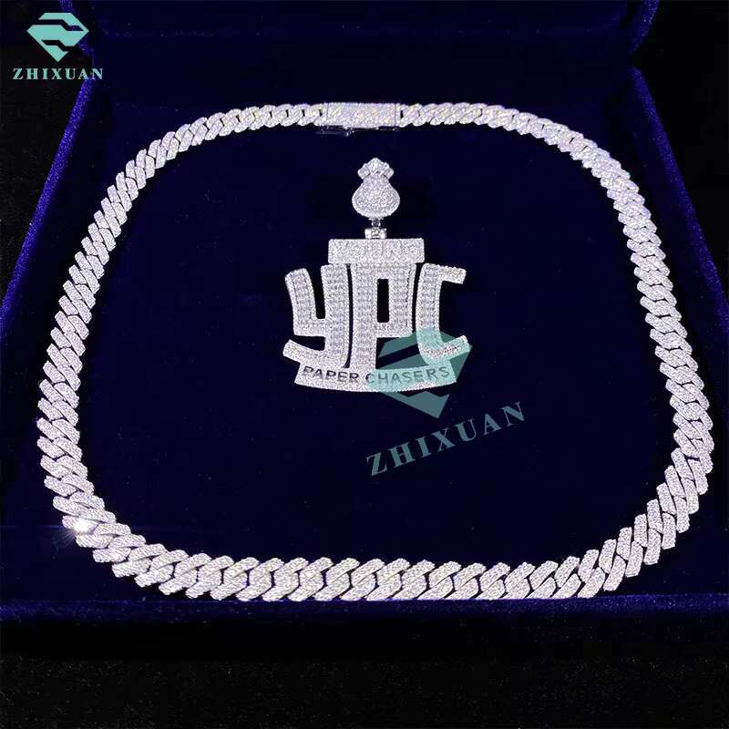 Hot Sale 925 Silver VVS Moissanite 12mm Cuban Chain Necklace High Quality Moissanite Jewelry