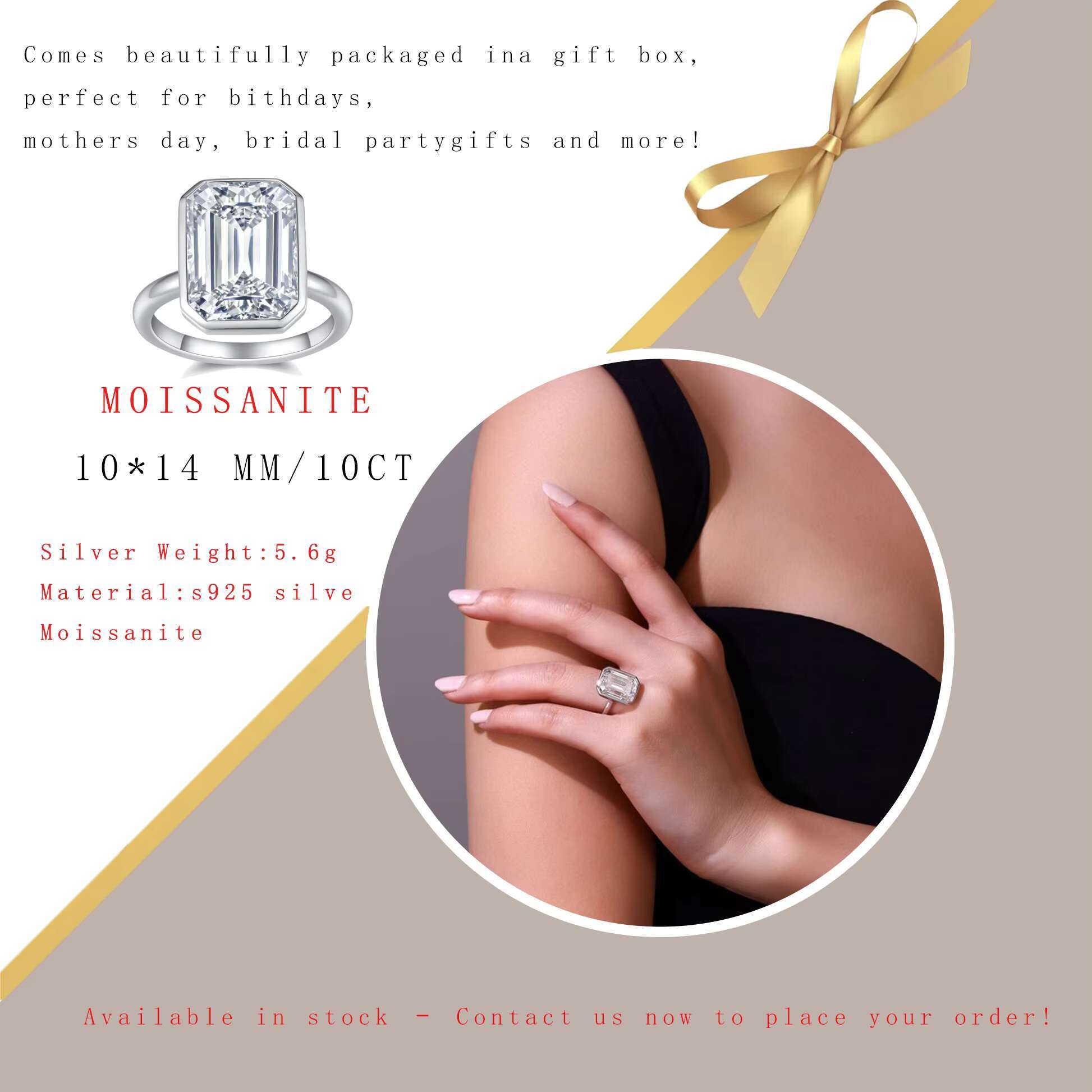 10CTW Moissanite Ring 925 Sterling Silver Platinum Plated Emerald Cut Budget Friendly Statement Style Jewelry for Women