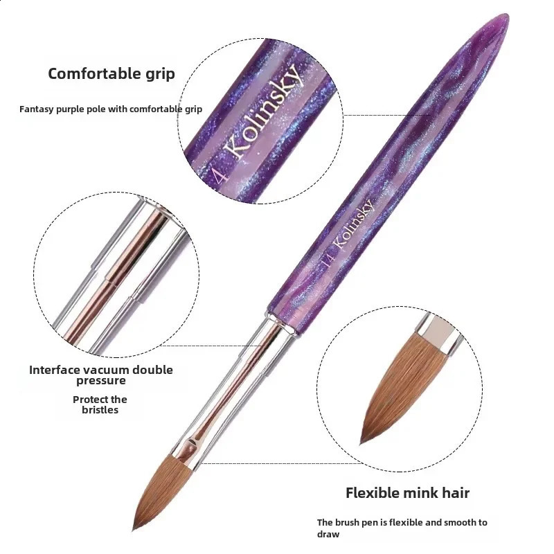 Zhizhuang Top Quality Nails Brush Purple Wood Handle Crimped Acrylic Nail Brush 100% Pure Kolinsky with Box for Manicure Powder 250528