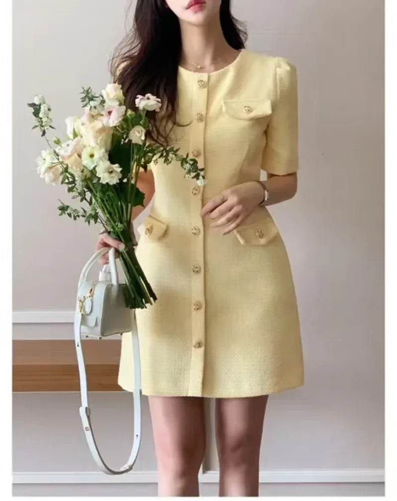 Korean Chic Tweed Dresses Small Fragrance Women Dress Short Sleeve Vestido Summer O-neck Dresses Elegant Robes 250529