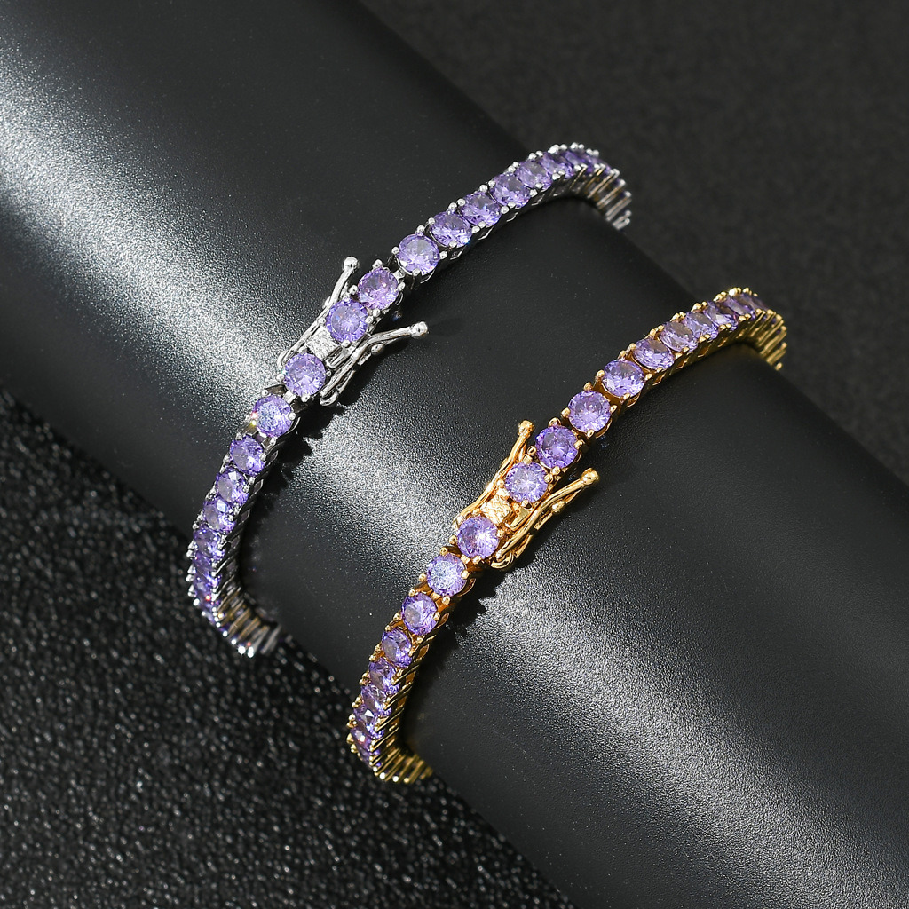 Hip hop bracelet 4mm copper with purple Moissanite tennis chain fashionable and trendy brand for couples hip-hop accessories moissanite