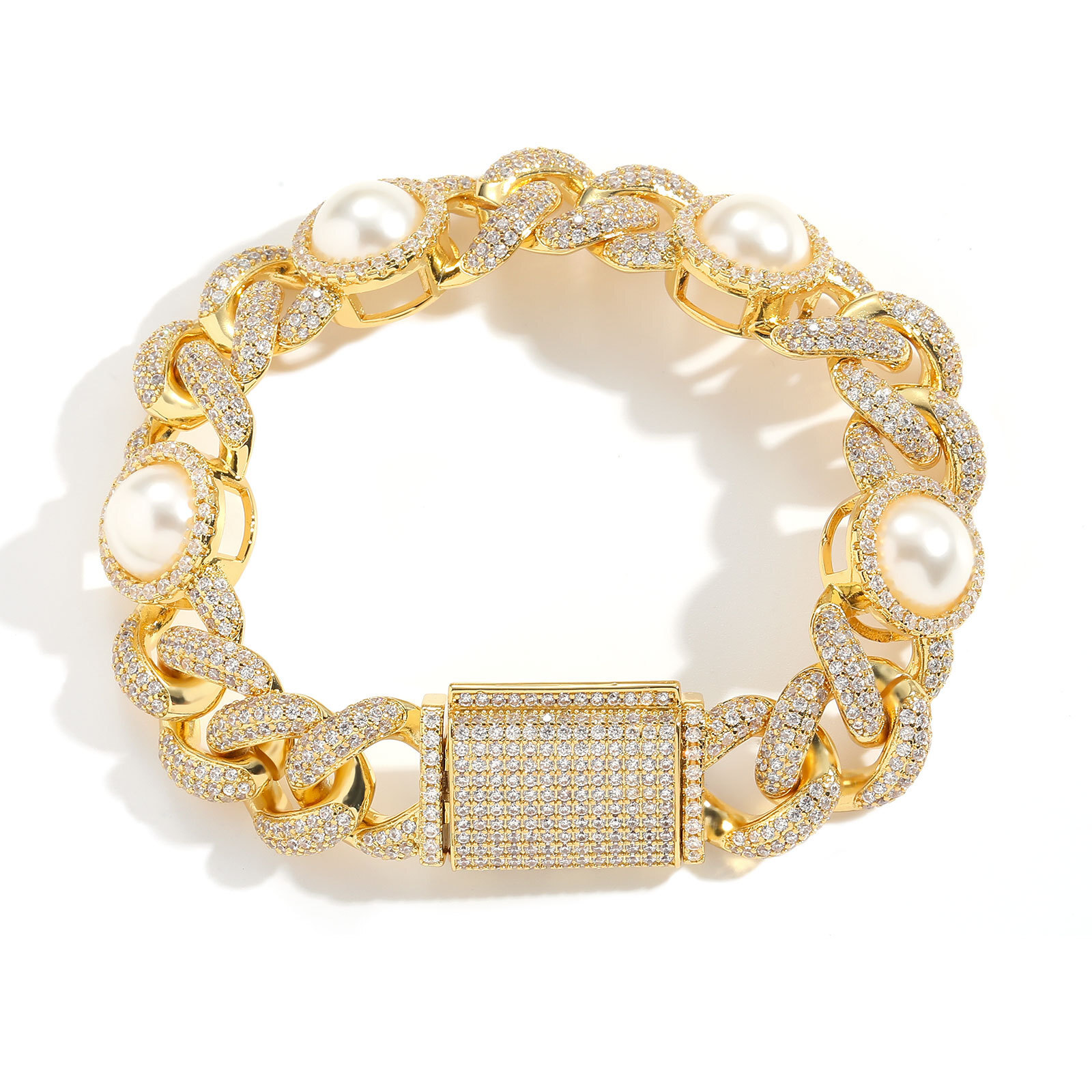 Hip hop 15mm pearl Cuban chain personalized popular niche hip-hop bracelet mens creative accessories moissanite