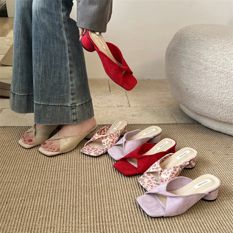 Summer Women Square Toe Thick Heel Slippers Fashion Floral Dress Slide Ladies Outdoor Beach Sandalias 250528