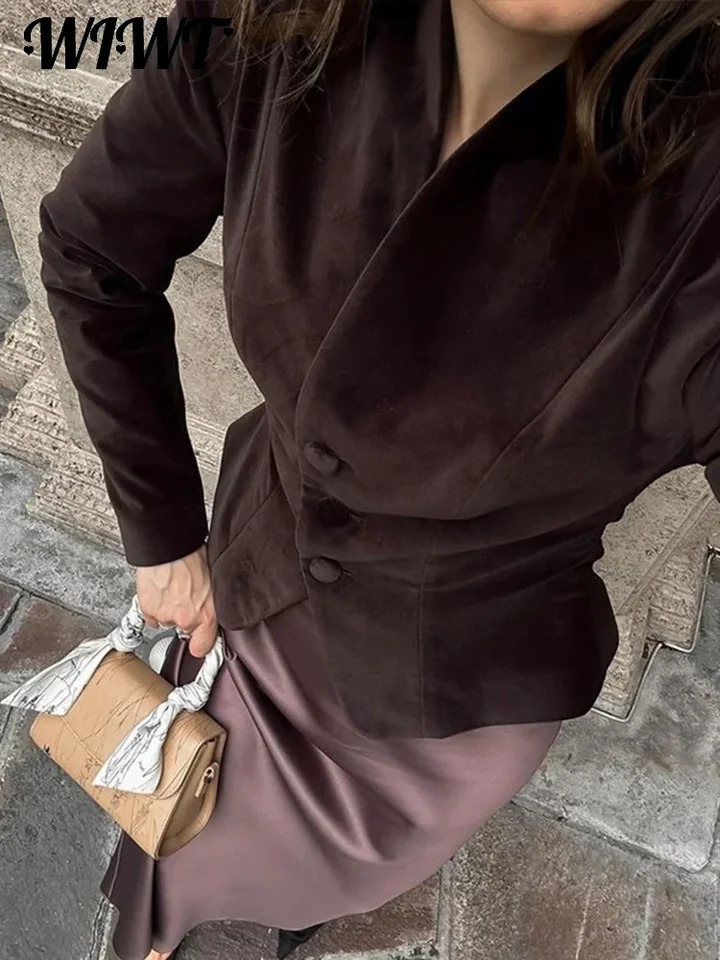 Vintage Burgundy Suede Jacket Women Slim V-neck Single Breasted Long Sleeve Coats Autumn Female Office Chic Outwears 250530