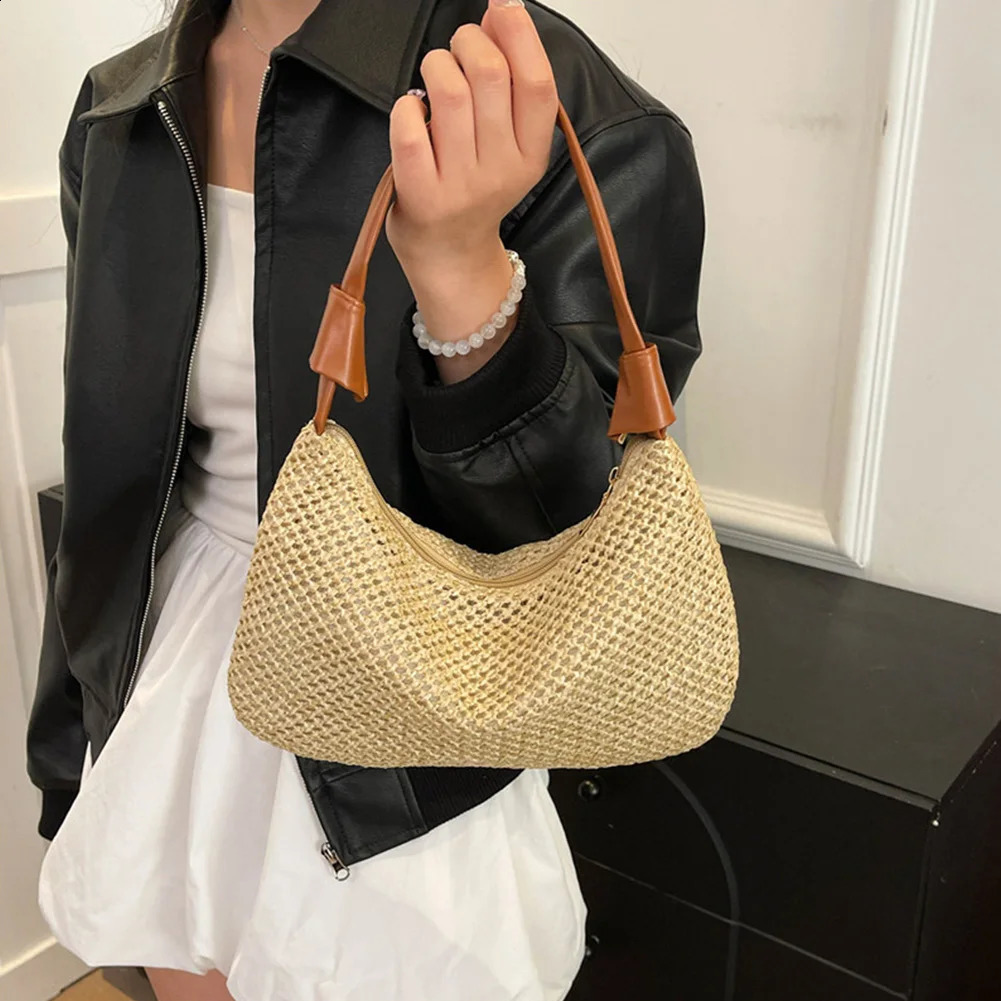 Women Straw Shoulder Bag Large Capacity Straw Dumpling Bag Weaving Tote Handbag Beach Woven Tote Bag Ladies Summer Daily Bag 250530