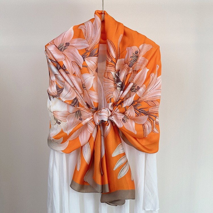 Style Imitation Silk for Women Spring Summer Sun Protection Versatile Printed Scarf Brocade Travel Sunshade Large Shawl