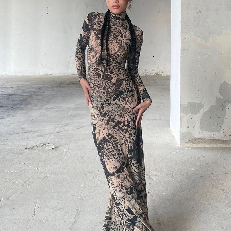 Designer T Shirt European And American Cross Border Women S Fashion Autumn New Fashion Mesh Print Sheer High Neck Slim Fit Dress For Women Essentials 