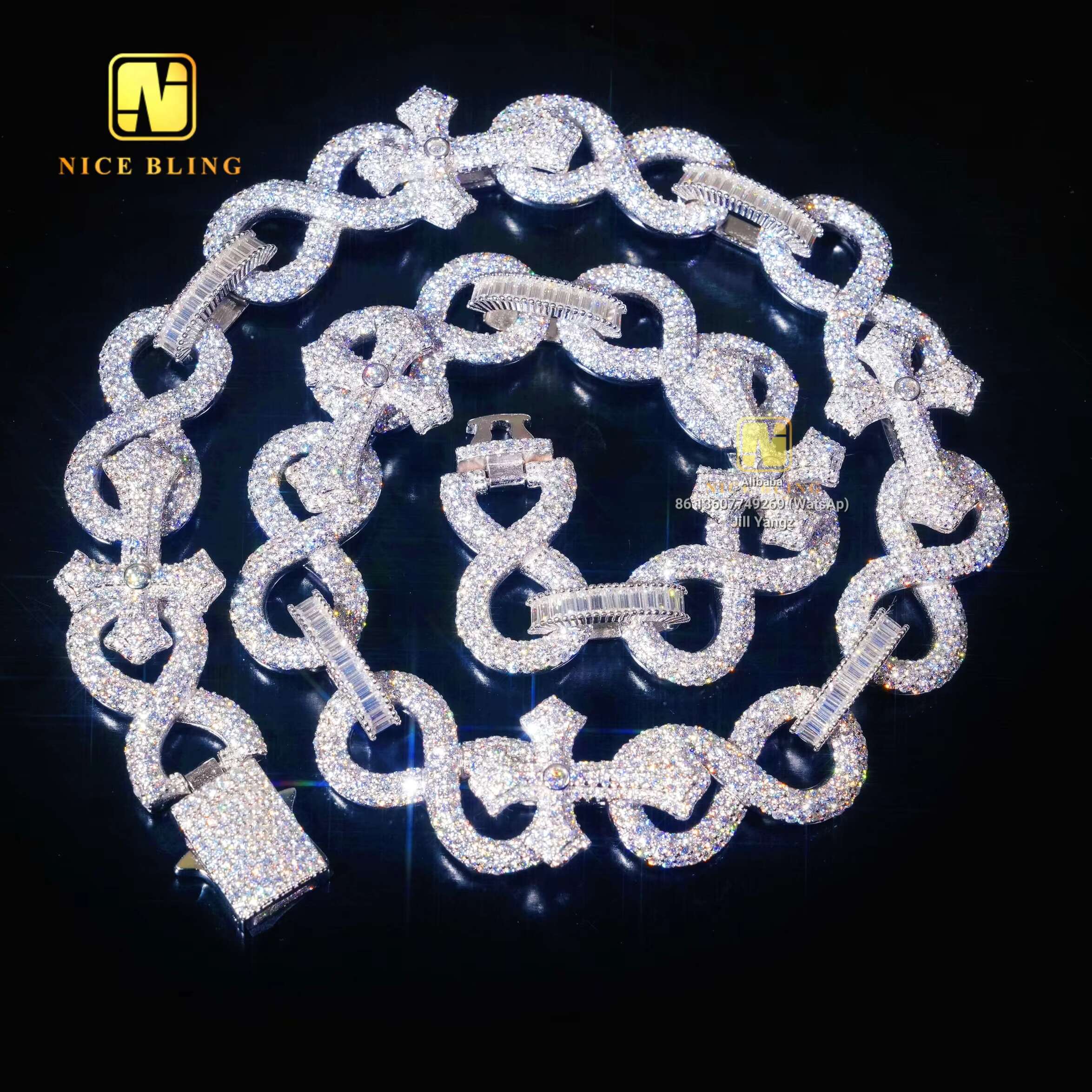 Cross Moissanite Cuban Bracelet Necklace 17mm Ready Stock Custom Hip Hop Jewelry Fancy Shape Diamond Cuban Link Chain Moissanite