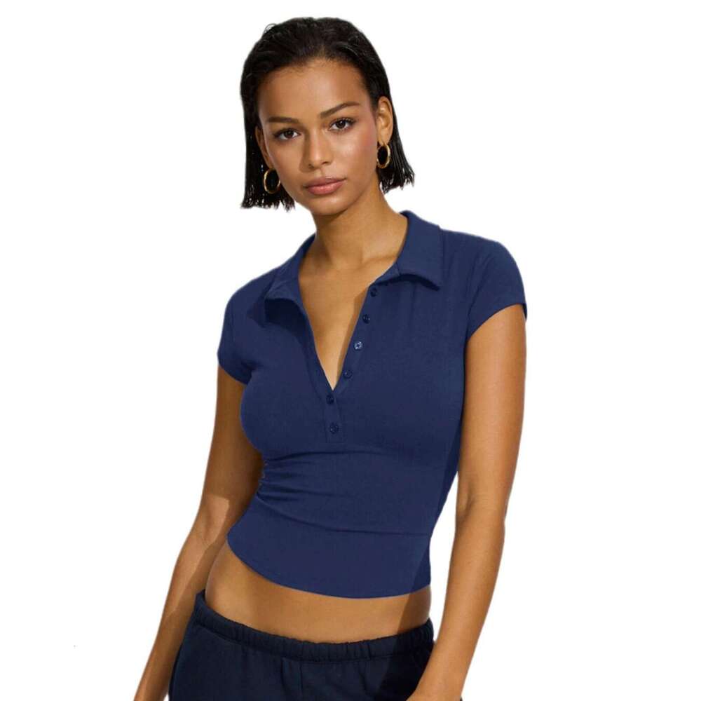 2025 Spring/Summer New Polo Collar Button Short Sleeve Slim Fit Sports Waist-Tied Versatile Top