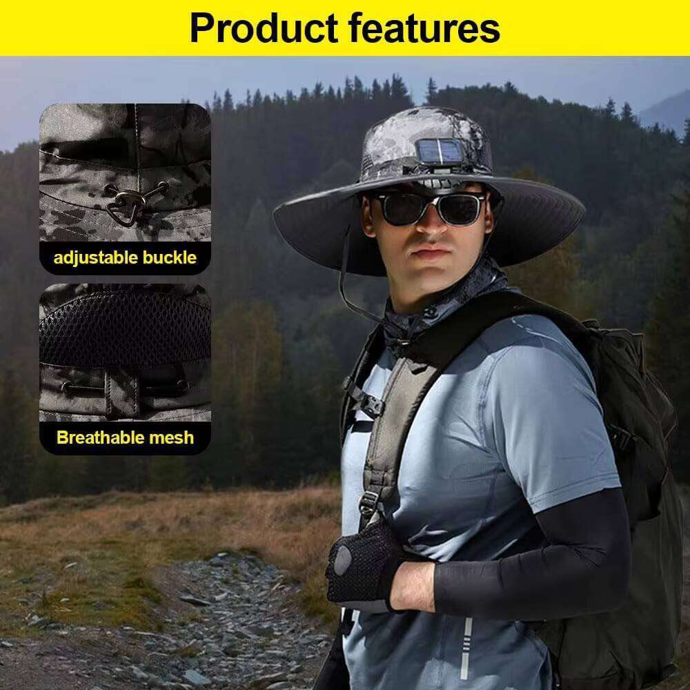 Summer Outdoor Men Wide Brim Sun Hiking Fishing Bucket USB Charging Solar Powered Fan Cooler Hat