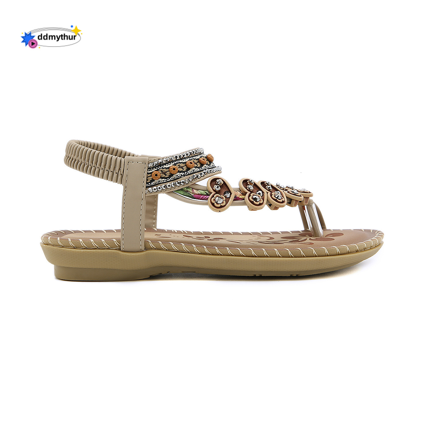 2024 Summer Rhinestone Bohemian Style Women's Ethnic Large Size Slip-On Flat Sandals ddmythur
