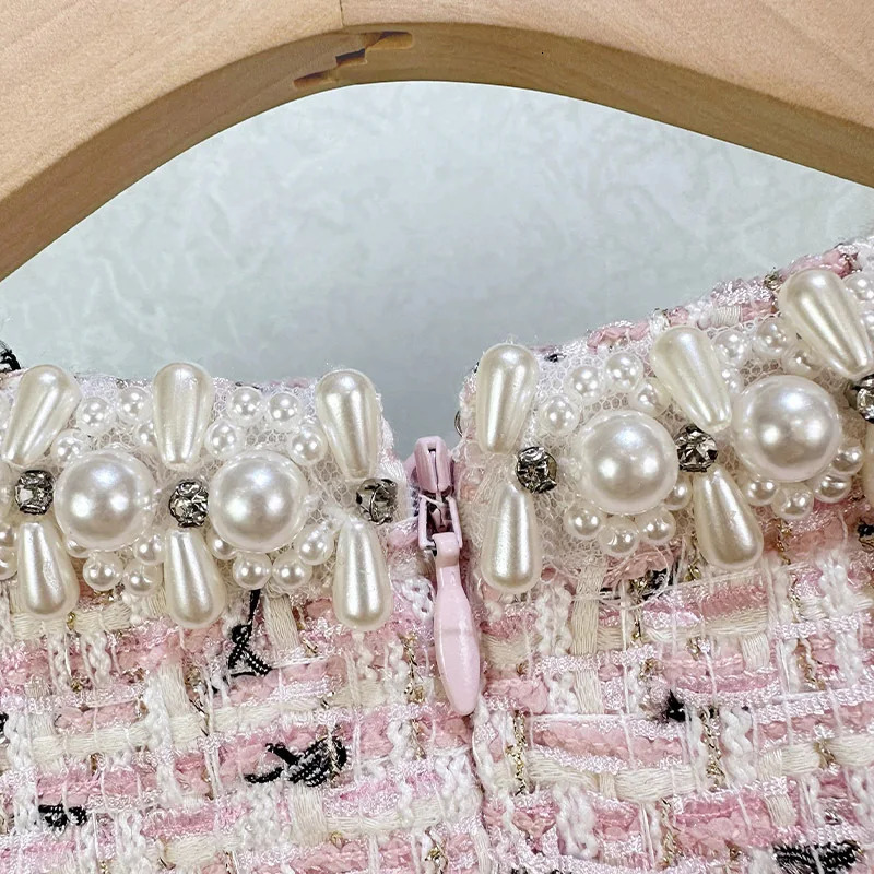 Short Tweed Dresses Women Summer Holiday Crystal Double Breasted Bodycon Pearl Chain Short Sleeve Evening Party Dress 250529