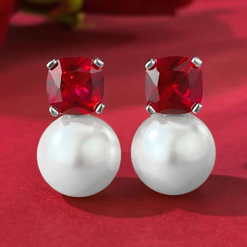 S925 Silver Pigeon Blood Moissanite Gemstone Stud Earrings 12mm Gold-Plated Pearl Cute Fashionable All-Match for Party Gifts