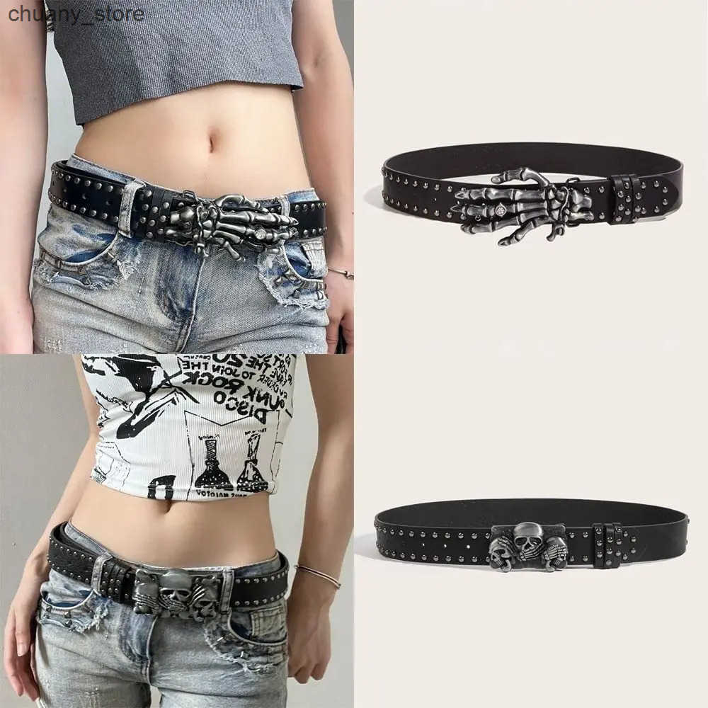 Punk Skull Belt Harajuku Gothic Leather Y2K Rivet Belts Skeleton Hand Adjustable Decoration Belt Men Girls Leather Belt Unisex z250602