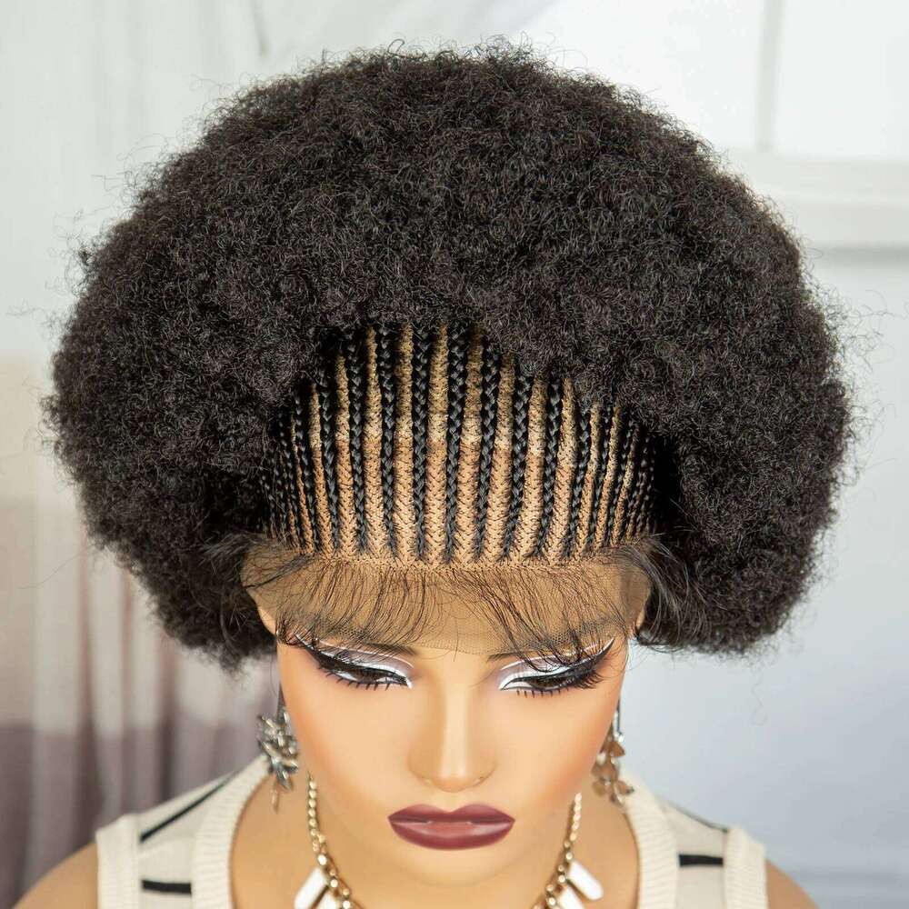 6Inch Natural Afro Kinky Curly Synthetic Braided with Baby Hair Transparent Lace Front Cornrow Braids Wigs for Black Women