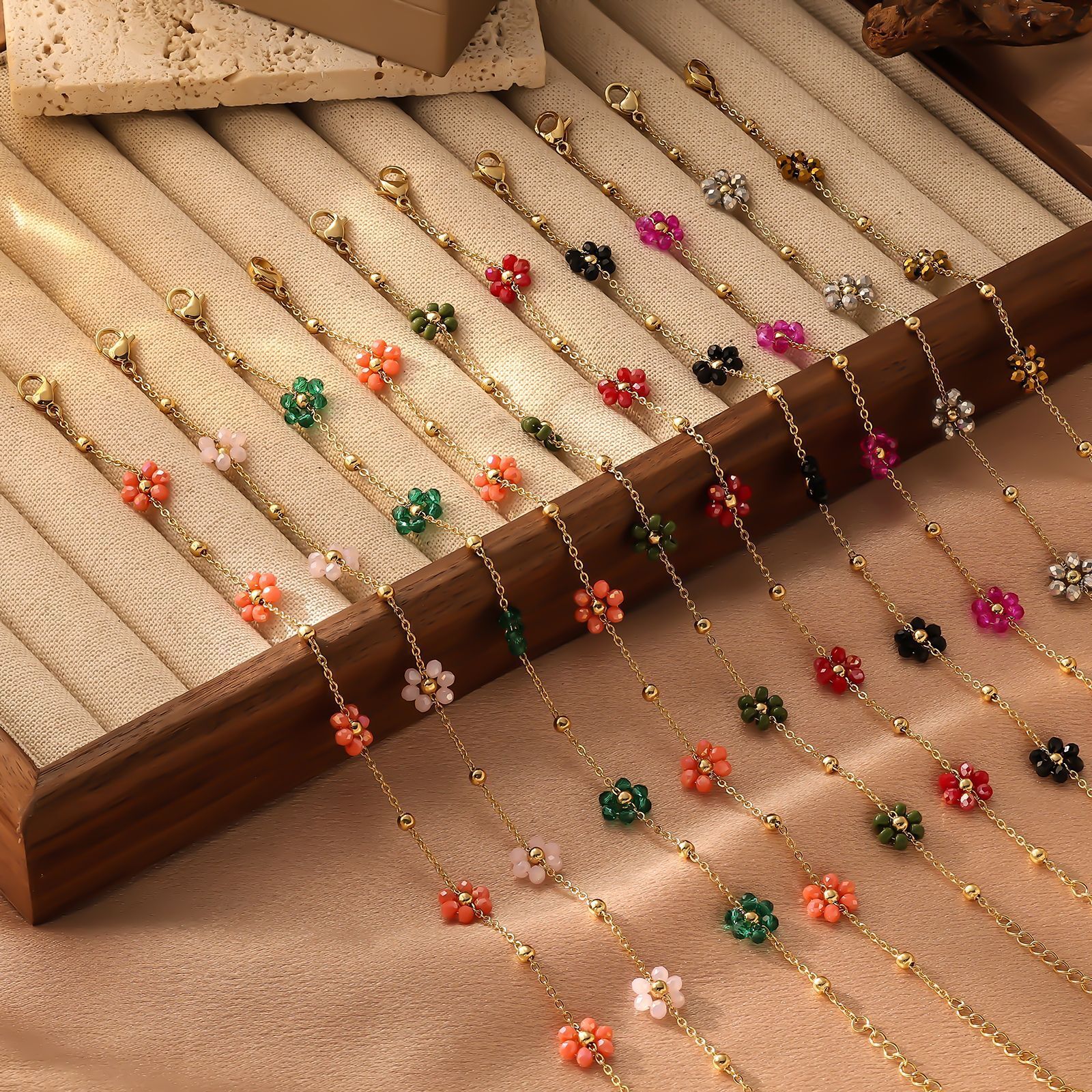 Fresh Crystal Round Bead Small Flower Necklace Bracelet Sweet Women's