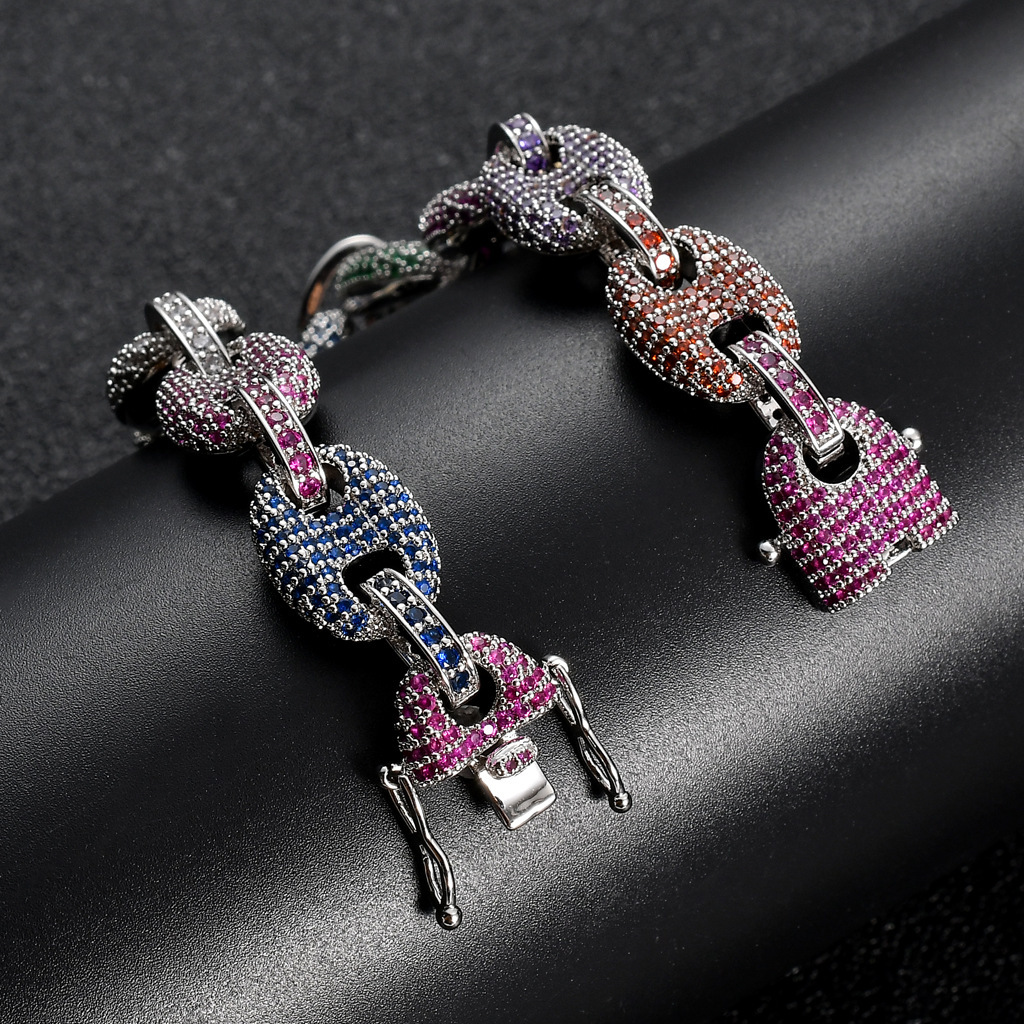 Hip hop Bracelet color Moissanite pig nose chain coffee bean chain real gold electroplating mens hip hop jewelry moissanite