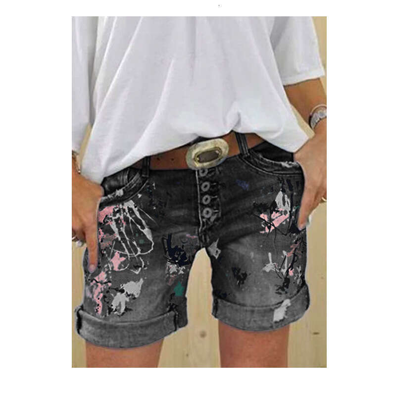 Denim Shorts Jeans Shorts Women S Denim Shorts Button Up Slim Fit Hot Half Length Printed Versatile Stretch Casual Pants Ripped Short Jeans