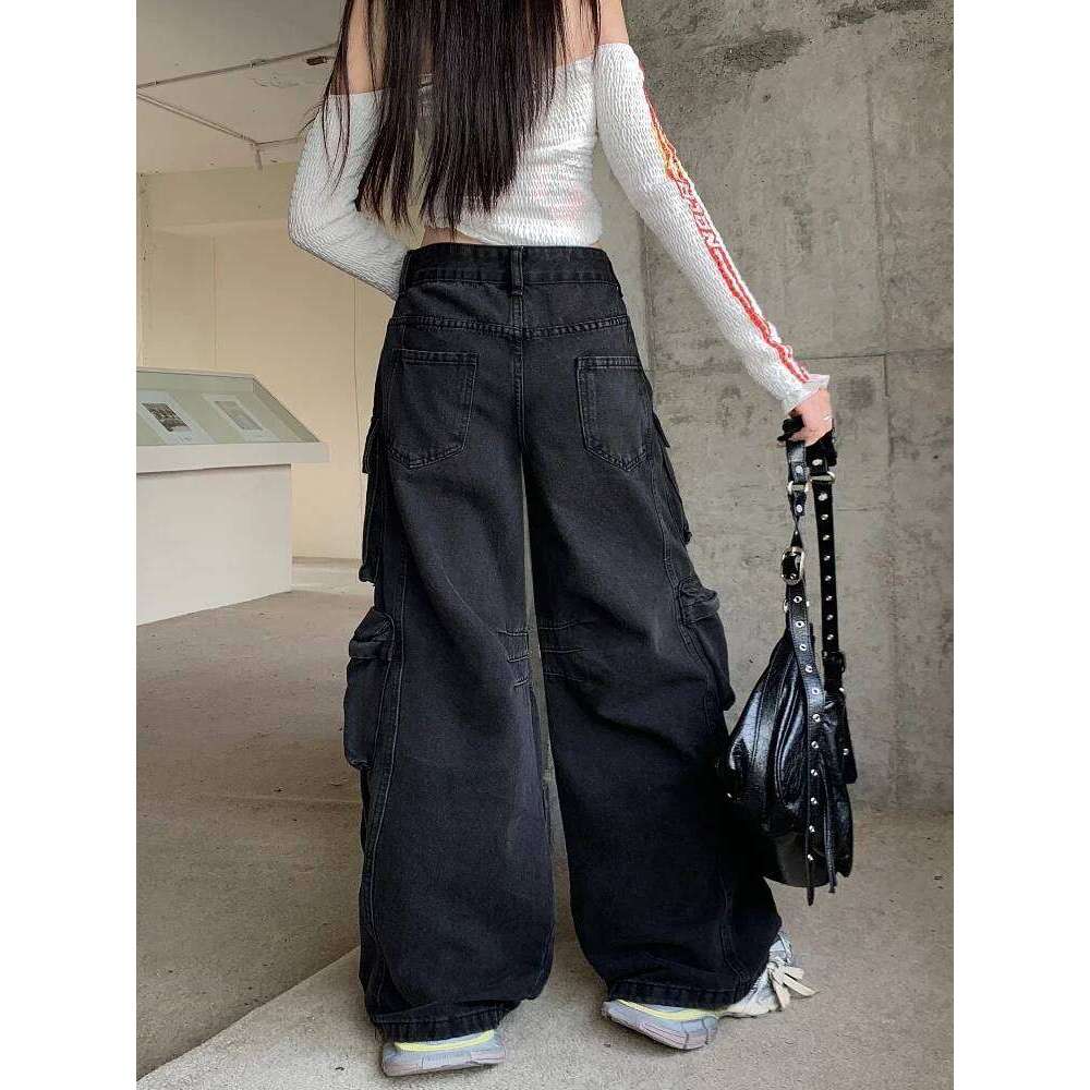 Trashy Y2k 2000S Streetwear Washed Black Baggy Jeans Cargo Pants For Women Clothes Multi Pockets Wide Leg Gothic Lady Trousers