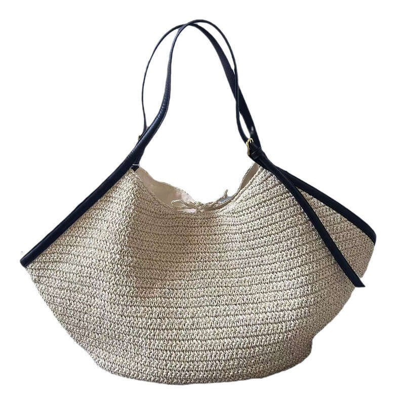 Straw Beach Tote New Top Layer Cowhide Patchwork Raffia Tote Large Capacity Handwoven Genuine Leather Straw Bag Crossbody Bag