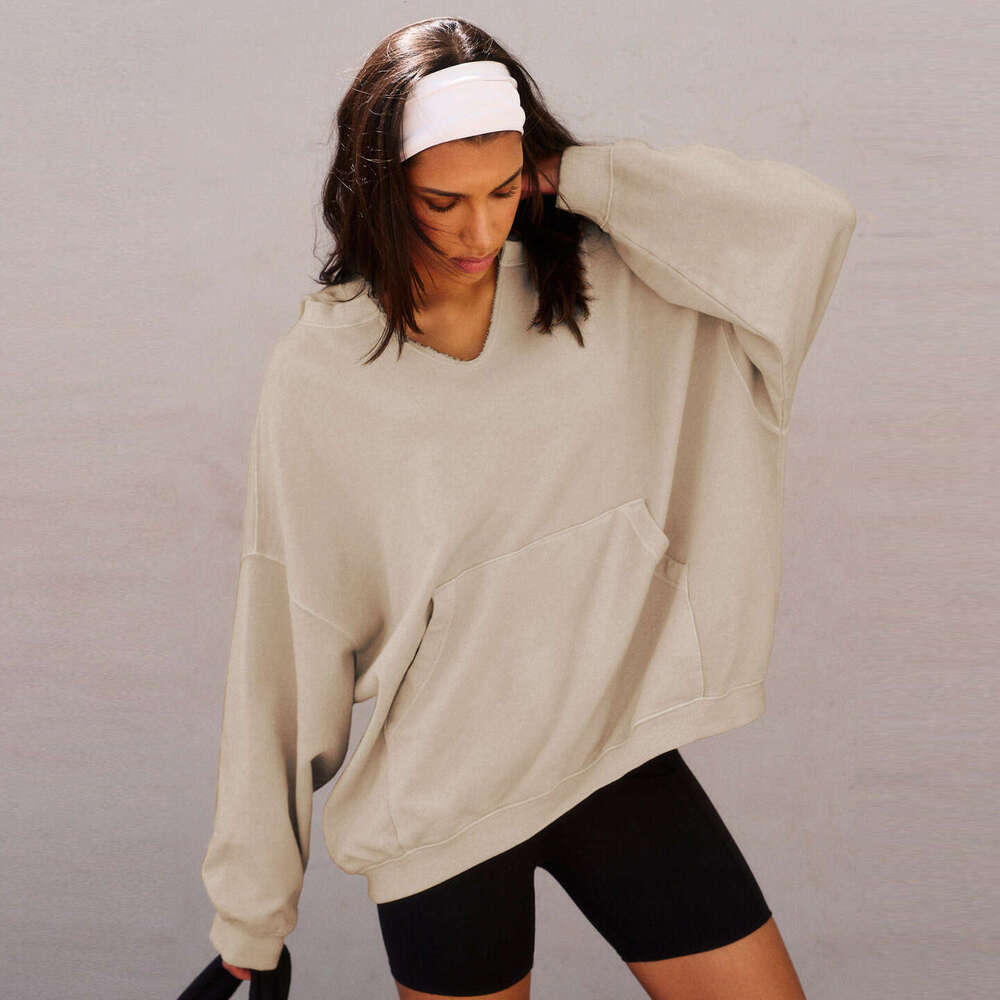 Loose Casual Long Sleeve Sweatshirt Sports V-neck Autumn Winter Cool Fashion Pocket Versatile Solid Color Hoodie