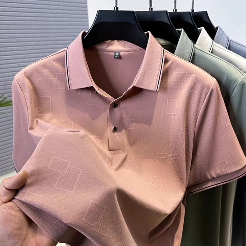 Personality checkered jacquard mens short sleeve polo shirt high-quality ice silk breathable cool summer solid color T-shirt 250526