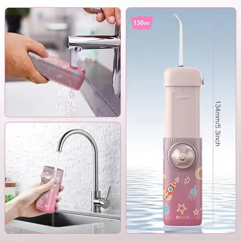 Mini Electric Oral Irrigator Kids Water Flosser Cordless Teeth Cleaning Gums Braces Care Rechargeable with 4 Tips 2 Modes 250530