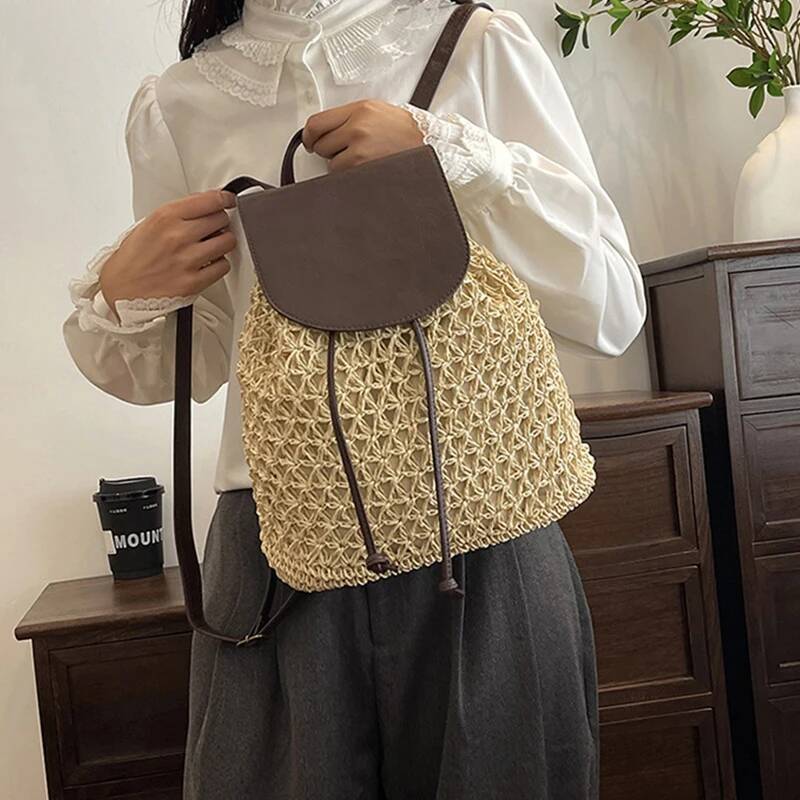 2025 New Retro Straw Backpack Designer Women's Fashion Shoulder Bag Multi functional Straw Weaving PU Leather Elegant Backpack