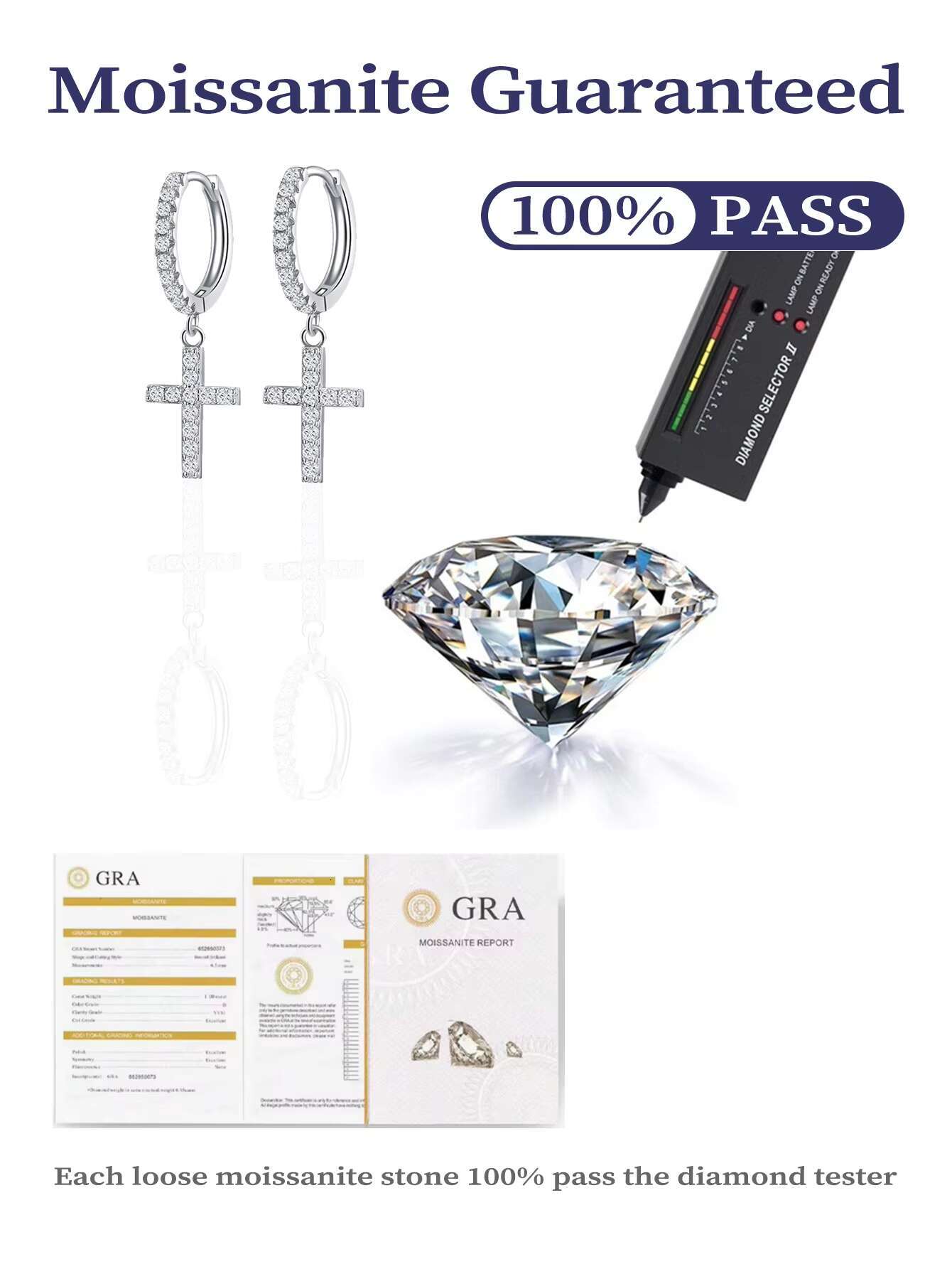 Cross 925 Sterling Silver Hip Hop Drop Hoop Earrings VVS D Color Moissanite Earrings Men Women Jewelry for Party Gift