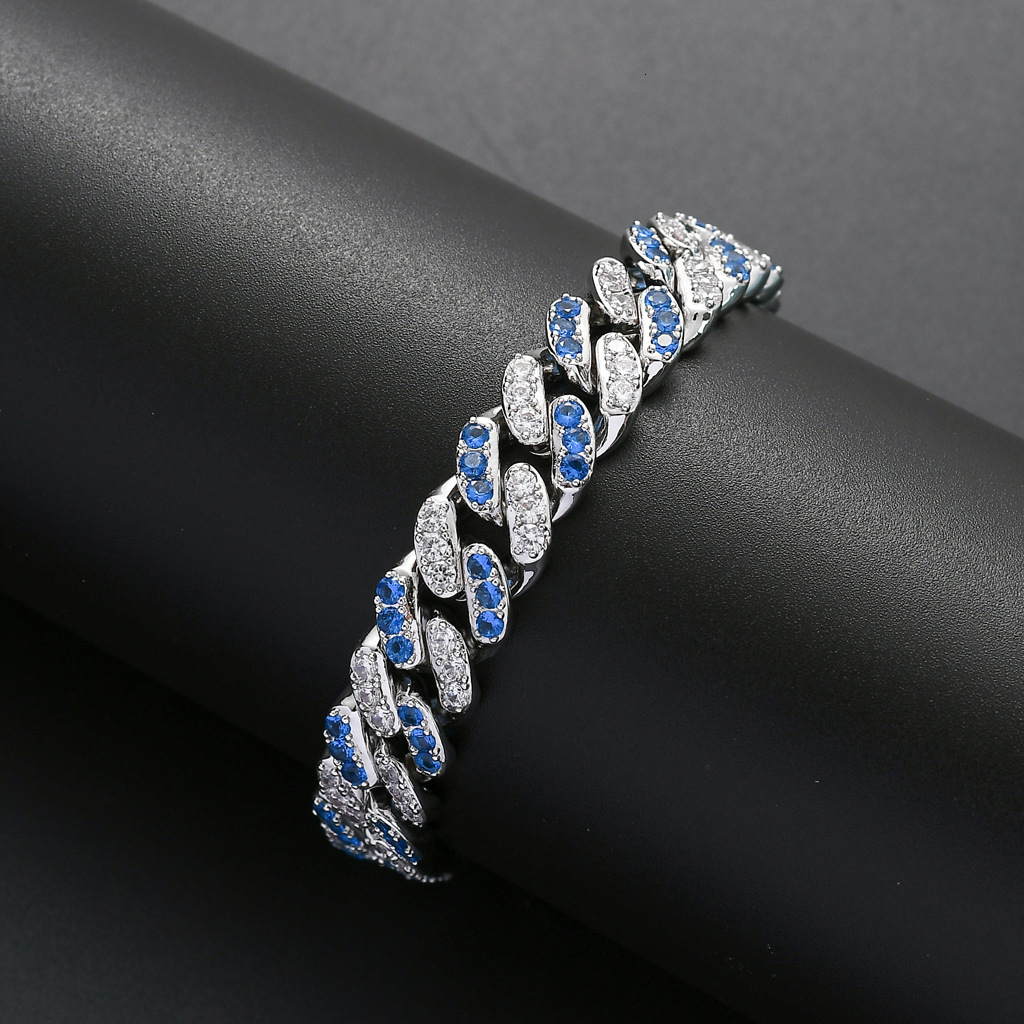 Hip hop Bracelet 12mm micro inlaid sea blue white Moissanite Cuban chain hipHip hop fashion accessories moissanite
