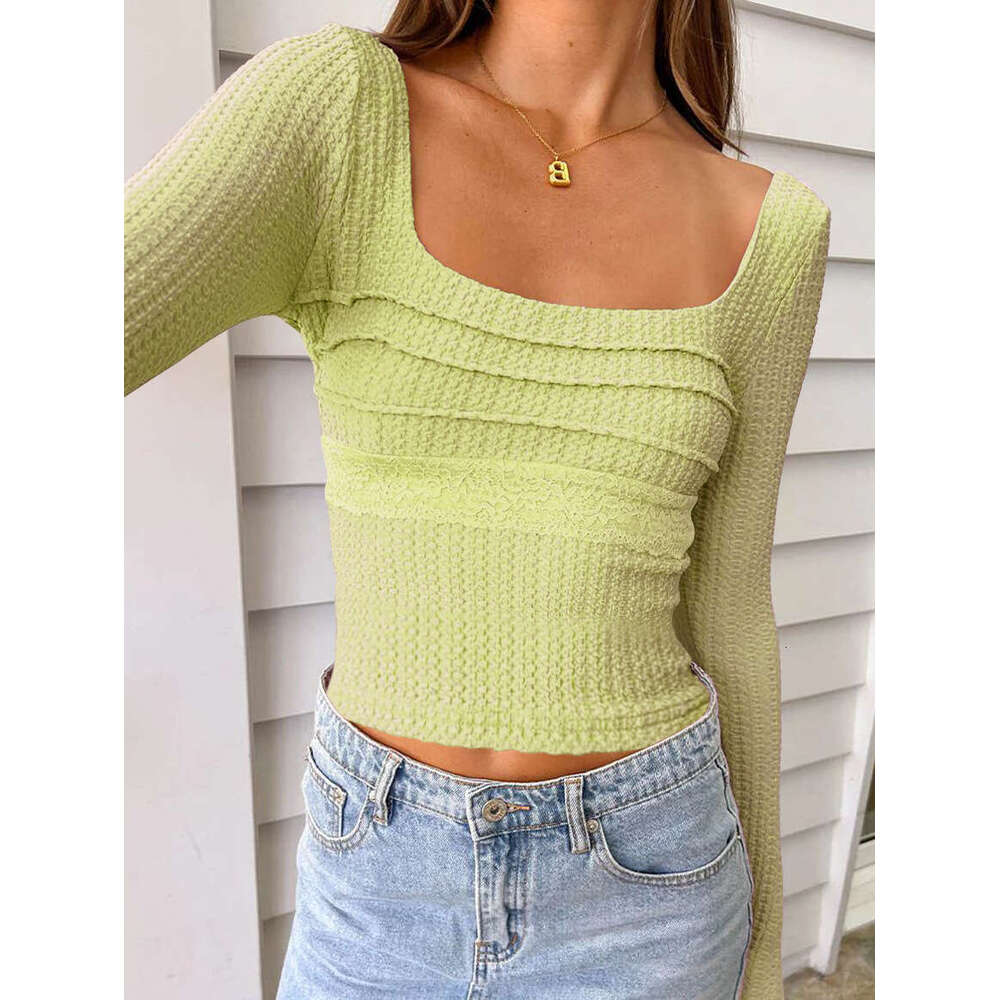 New Lace Patchwork Square Neck Slim Fit Long Sleeve T-Shirt Women's Base Shirt Backless Tie Top 1062