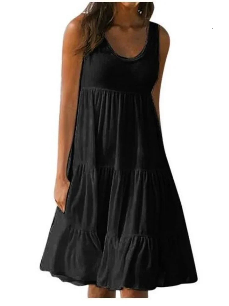 Oversized O Neck Sleeveless Ruffles Loose Beach Dress Women Boho Solid Color Plus Size Elegant Sundress Club Party Vestidos 250526