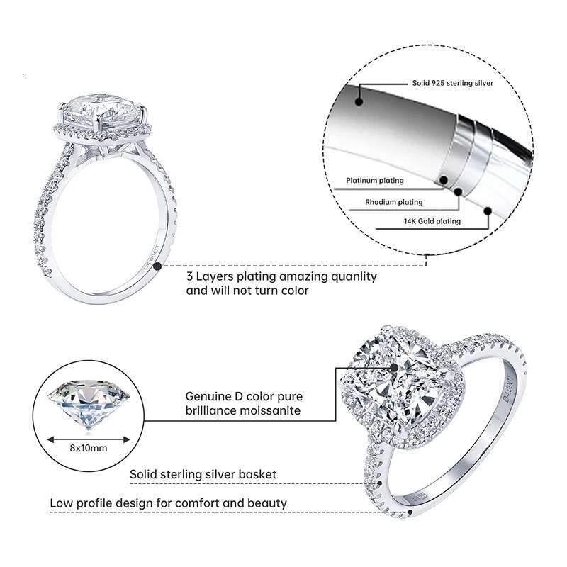 IOGOU Luxury 4ct Moissanite Halo Engagement Ring With GRA Cushion Cut Diamond Wedding Rings 925 Sterling Sliver Wedding Jewelry