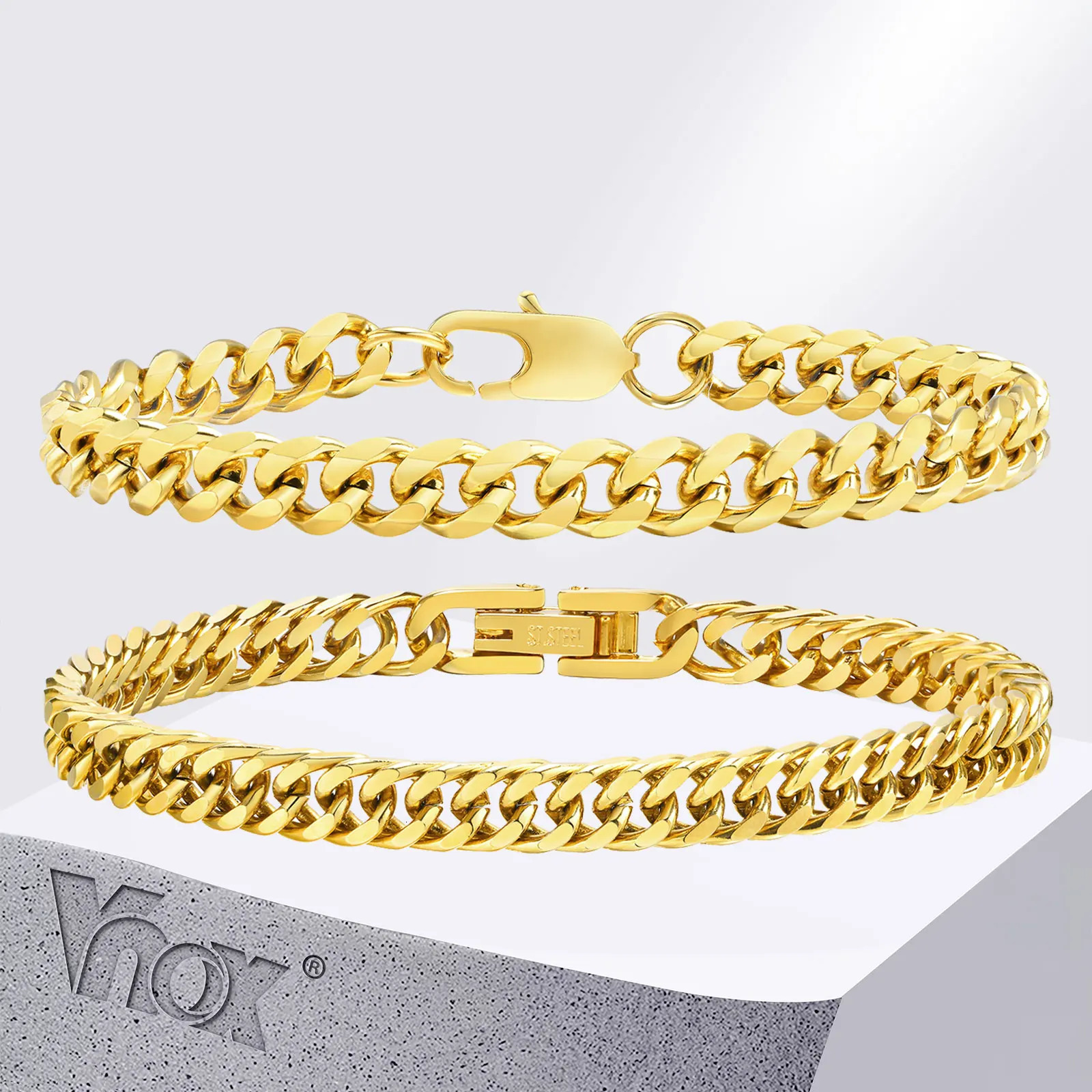 Vnox 2 pieces Cuban Chain Bracelets for Women Men Gold Plated Unisex Stainless Steel Curb Links Wristband Stacked Bracelet 250530
