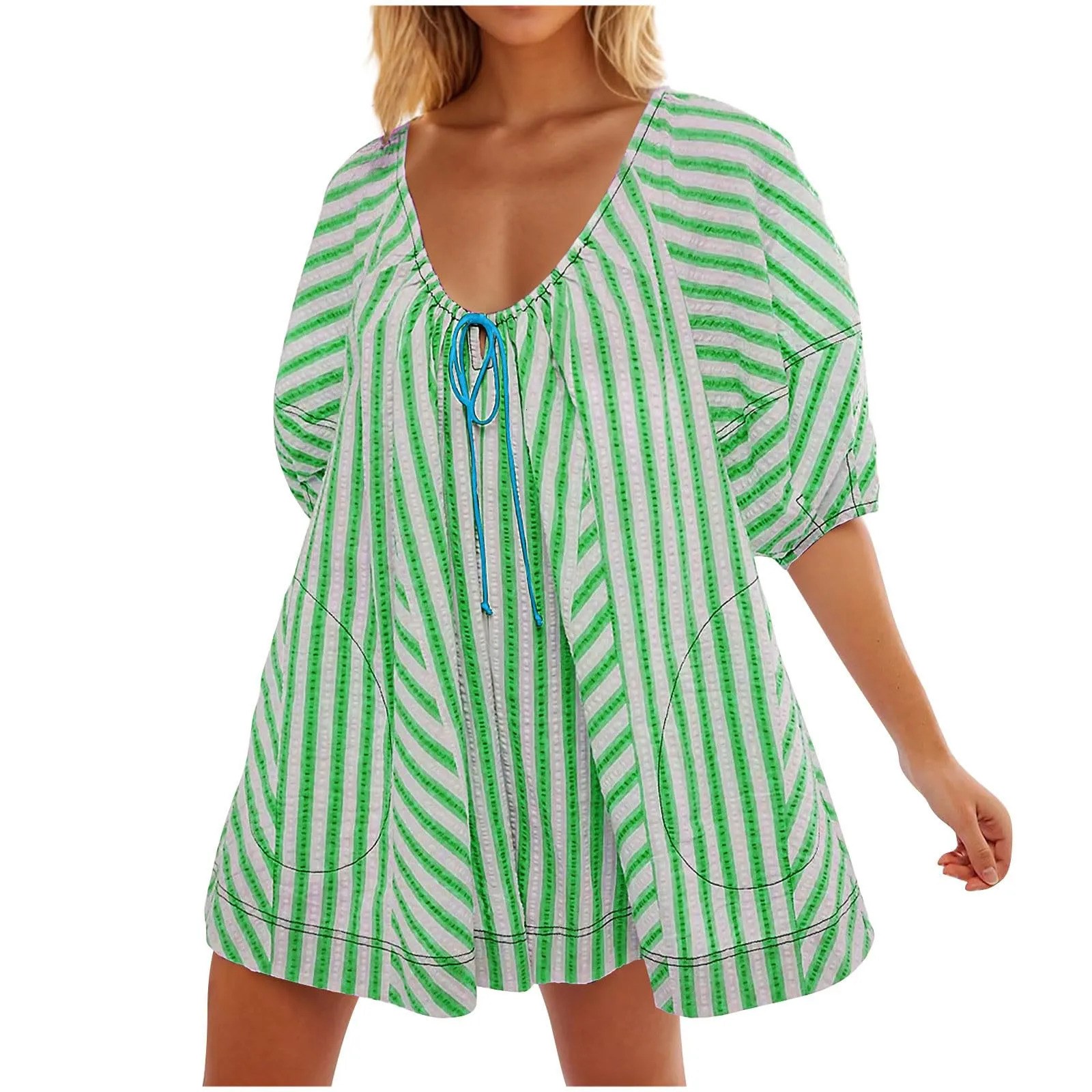 Summer Beach Rompers For Women Casual Loose Striped Puff Short Sleeve Adjustable Neck Wide Leg Oversized Jumpsuit With Pockets 250528