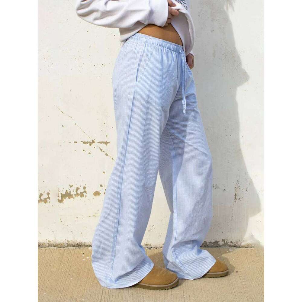Women's Casual Stripe Print Wid Leg Drawstring Elastic Waist Loose Straight Long Pants With Pockets Lounge Trousers Street