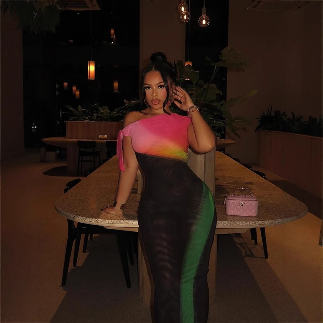 Designer T Shirt Autumn New Fashion Versatile Stretch Color Block Slim Sexy Asymmetric Neck Long Dress Bodycon Dress For Women Essentials Summer Dress