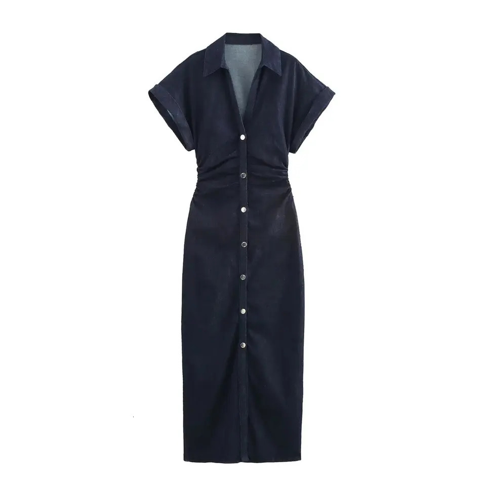 ETJ traf Spring 1975 series denim MIDI dress with lapel side zipper fashion wrinkle waist slim elegant dress 250526