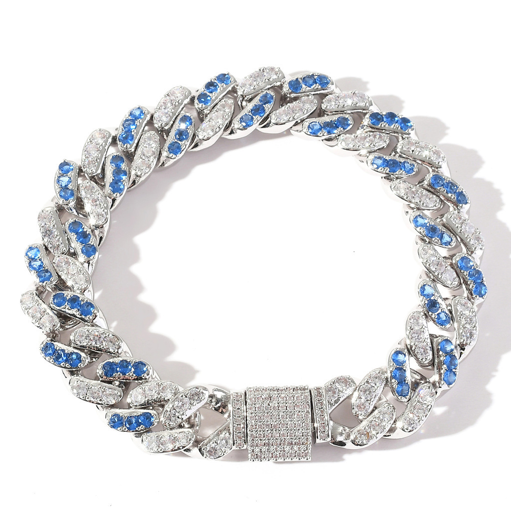 Hip hop Bracelet 12mm micro inlaid sea blue white Moissanite Cuban chain hipHip hop fashion accessories moissanite