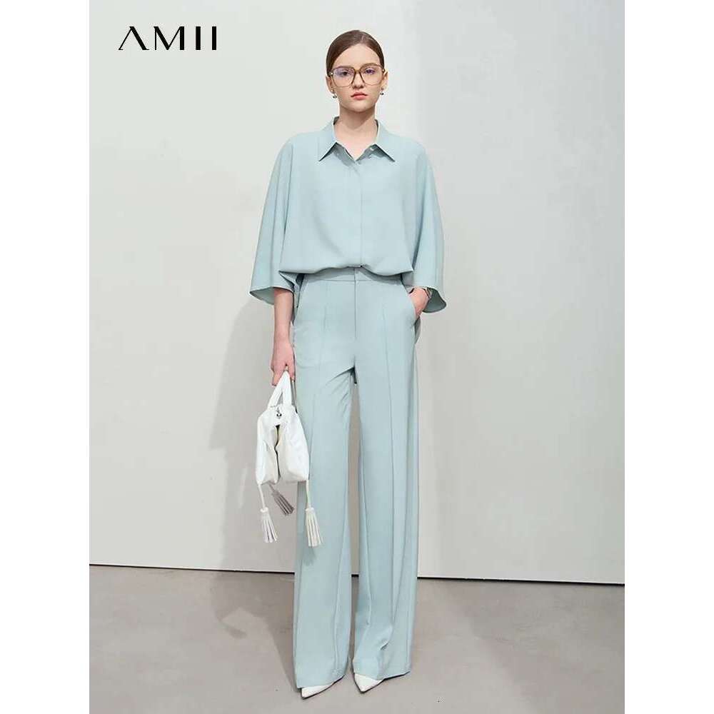 Amii Minimalism Solid Lapel Loose Rotator Sleeve Shirt Casual Trousers Sold Separate Womens Outifits Anti Wrinkle Pants 12541008