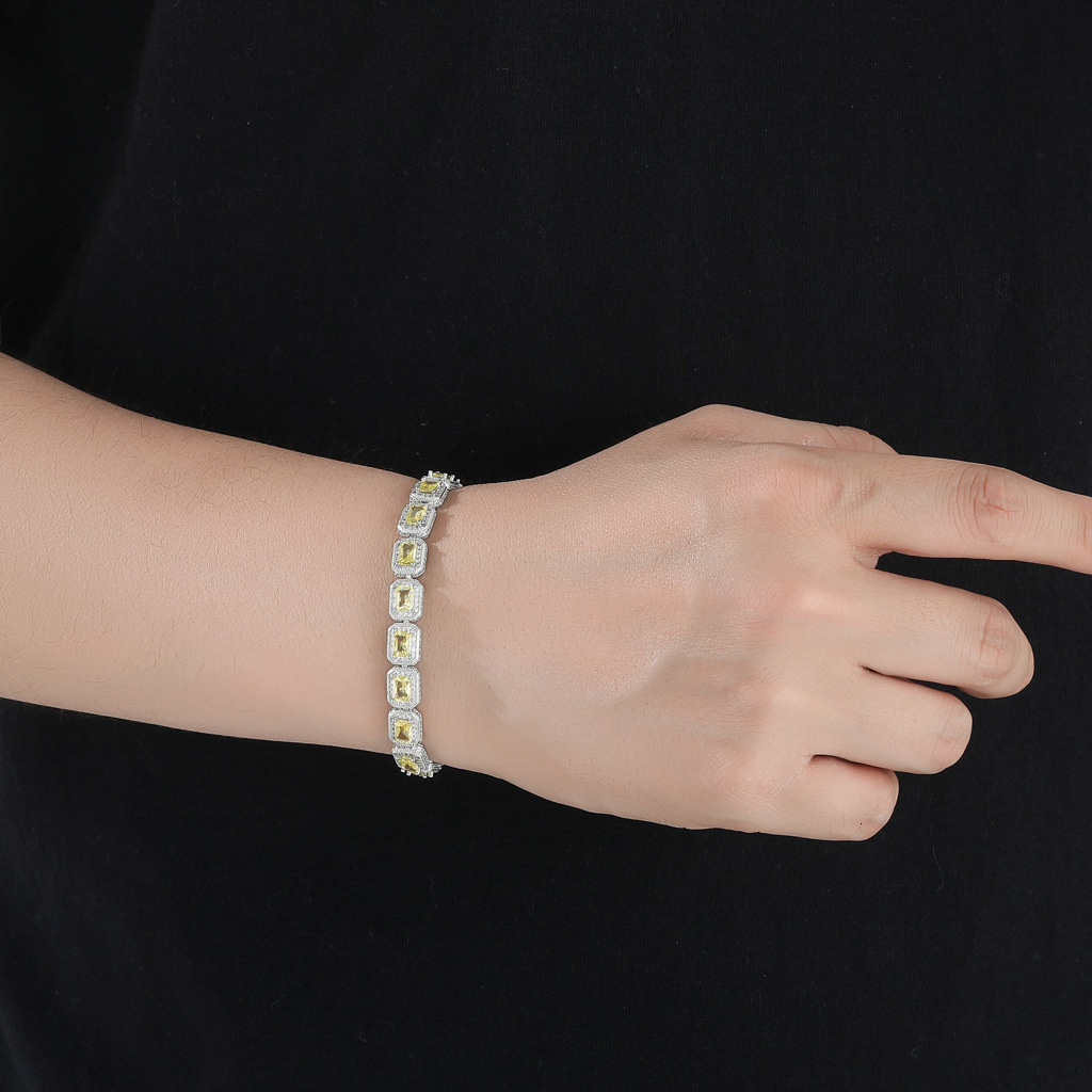 8mm Yellow Moissanite Square Rock Candy Chain Hip-Hop Bracelet T Square Moissanite Niche Trendy Mens Hip-Hop Jewelry moissanite