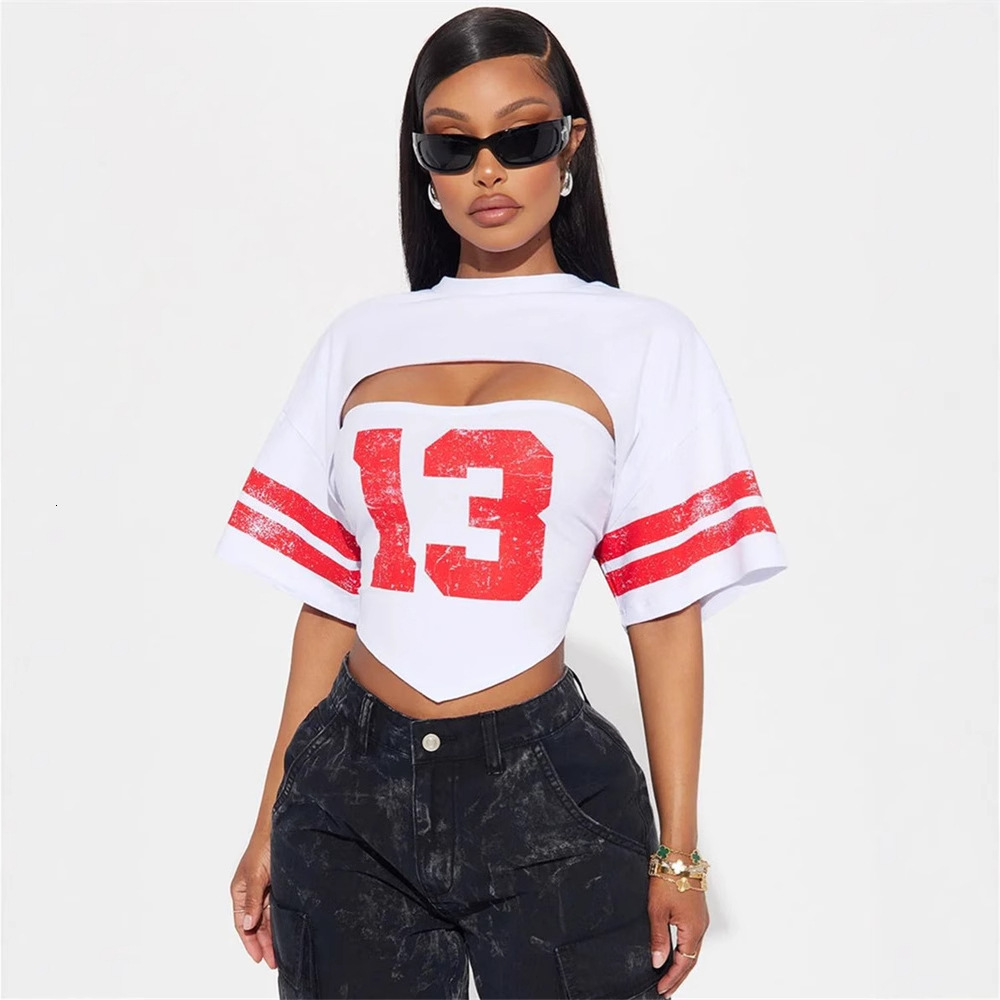 Designer T Shirt Autumn New Cross Border Casual Loose Sports Style Printed Tube Top Hot Girl Pullover Short Sleeve Top T Shirt For Women Essentials Su