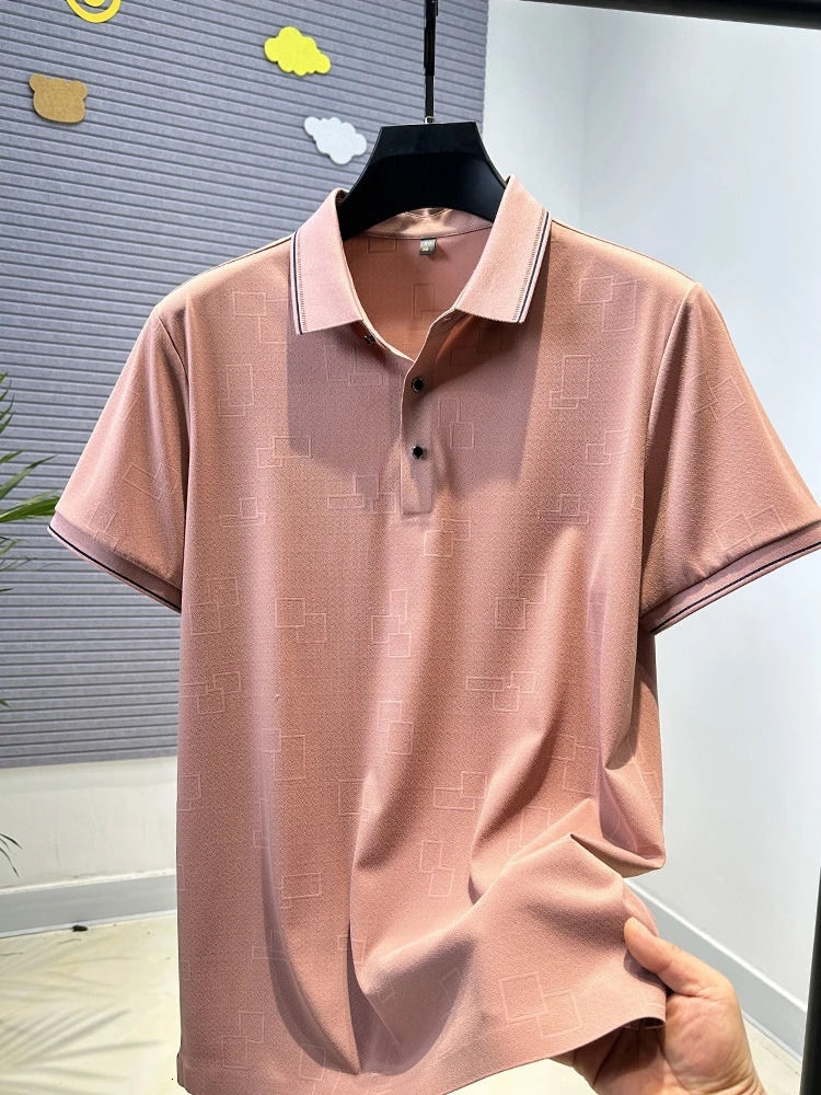 Personality checkered jacquard mens short sleeve polo shirt high-quality ice silk breathable cool summer solid color T-shirt 250526