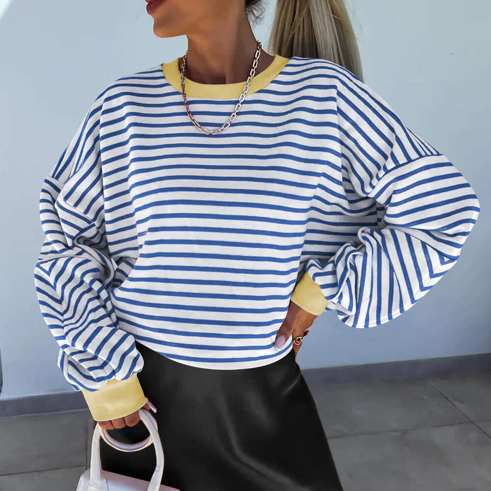 Autumn Winter New Striped Crewneck Sweatshirt for Women Versatile Warm Pullover Long Sleeve Top