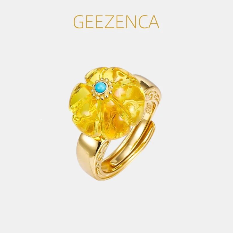 GEEZENCA Cloudy Amber S925 Silver 18K Gold Turquoise Open Ring Women Pumpkin Shape Delicate Dainty Statement Rings Love Gift Her 250526