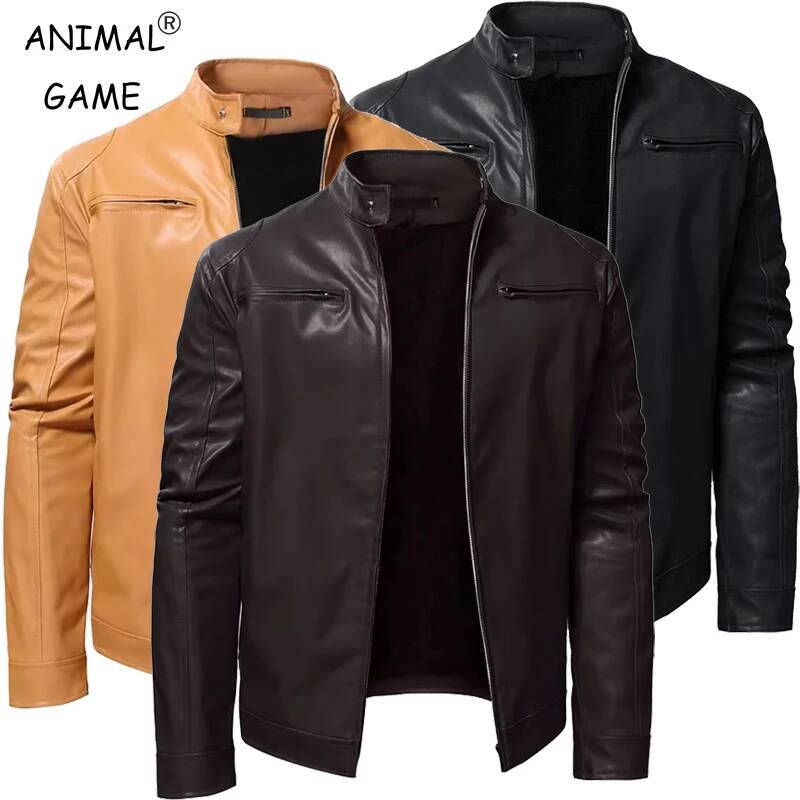 Autumn Mens Stand Collar Coat Black Leather Motorcycle Solid Color Zipper Streetwear Winter Warm Biker Jacket Men